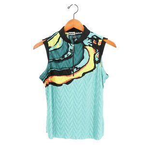 Jamie Sadock Crinkle Sleeveless Abstract Print Zip Chest Golf Tennis Top M